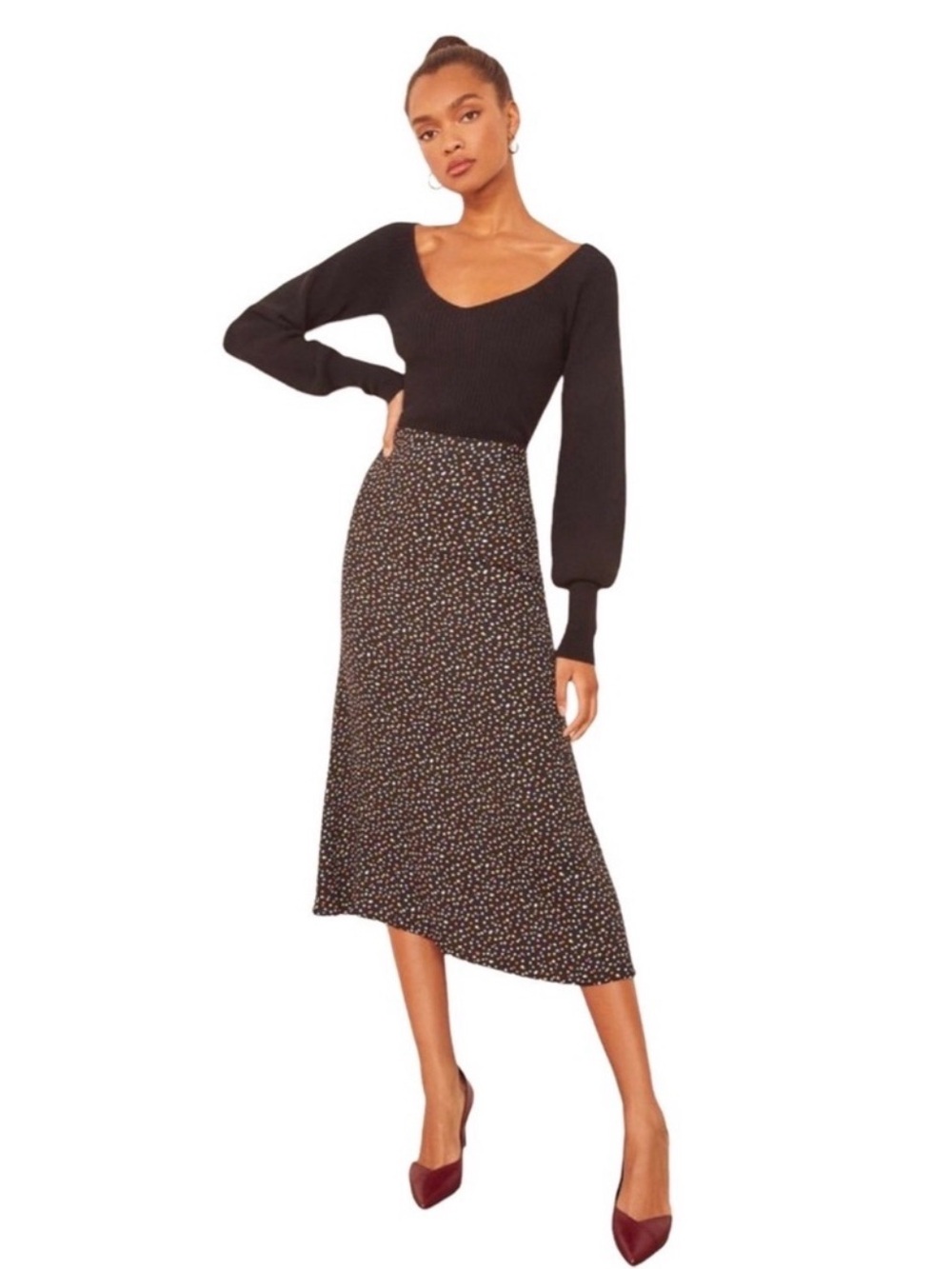 REFORMATION Bea Midi Length Skirt Size 6 Confetti Polka Dot on Black
